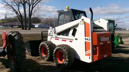 1993 MELROE BOBCAT 943 SKID LOADER, dirt, & 7' snowbucket, 42" forks, 8' brushaux. hydraulics, +