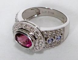 14k White Gold Pink Tourmaline & Diamond Lady's Ring