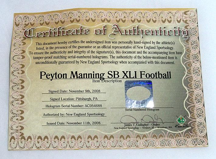 Peyton Manning Autographed Super Bowl XLI Football, Colts vs Bears, COA