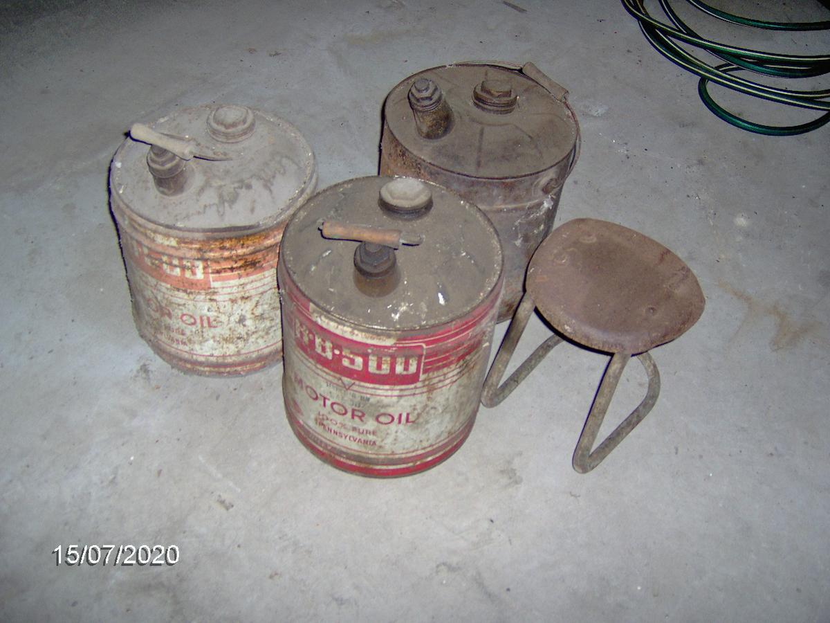 (3) old oil cans w/milk stool