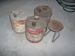 (3) old oil cans w/milk stool