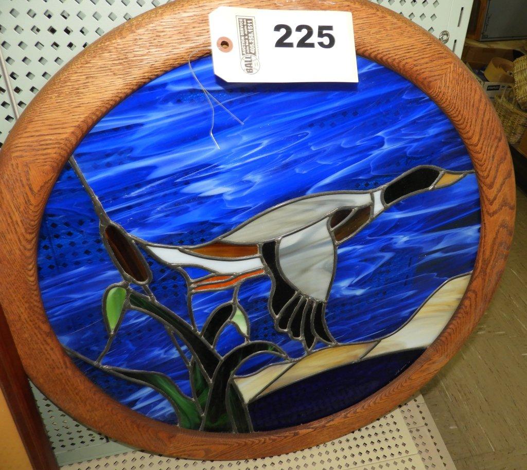 25" round stained glass, duck flying over pond