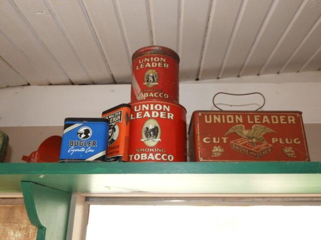 Collection of tins, mostly tobacco