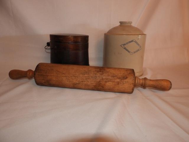 Wooden firkin w/ lid, bale, primitive rolling pin