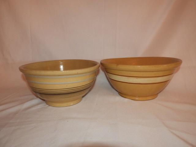 2 crockery bowls, multi stripe, 13", 11"