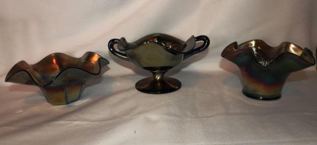 3 pcs Carnival glass, 1 with chip on base