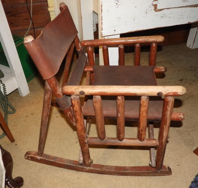 Unusual folding wooden rocker w/ leather seat