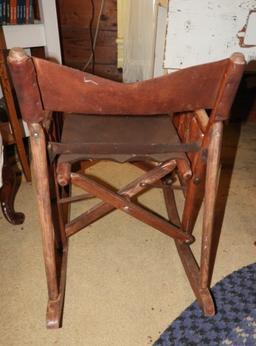 Unusual folding wooden rocker w/ leather seat