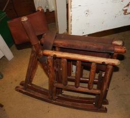 Unusual folding wooden rocker w/ leather seat