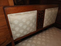 Oak settee w/ beaded trim, newer upholstery