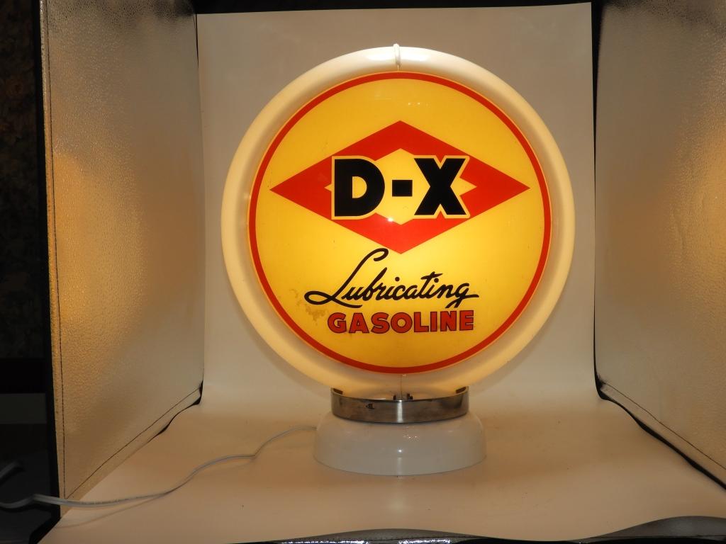 DX lubricating gasoline, red and tan