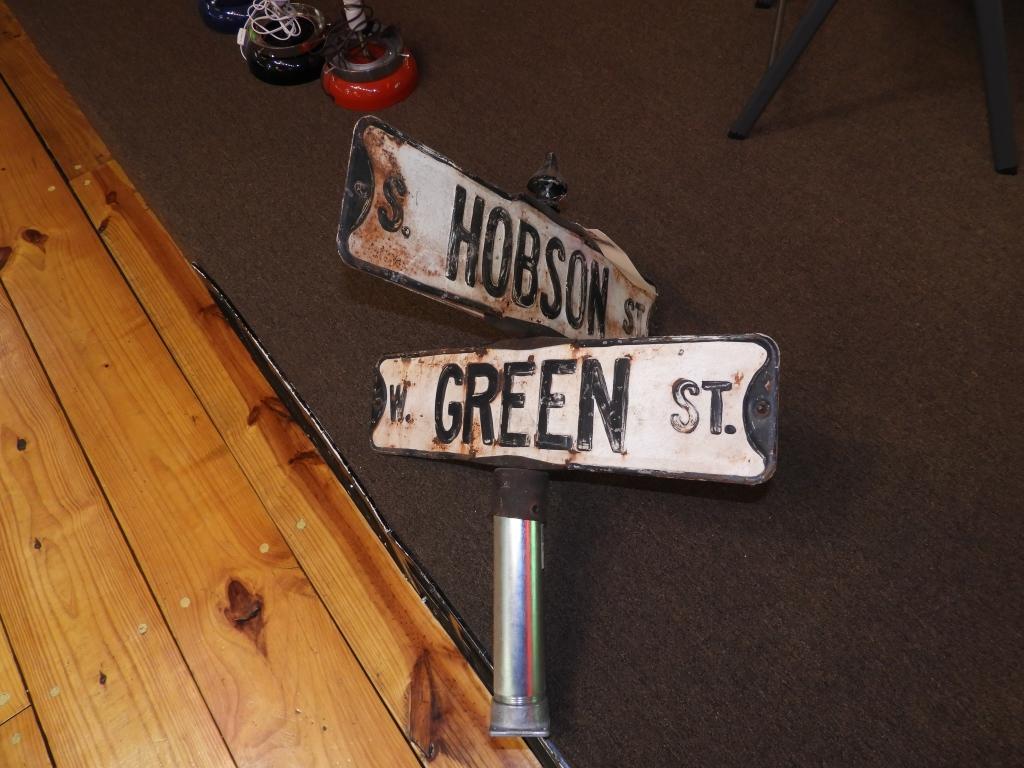 Double street sign, 24"x6" S. Hobson St., W. Green