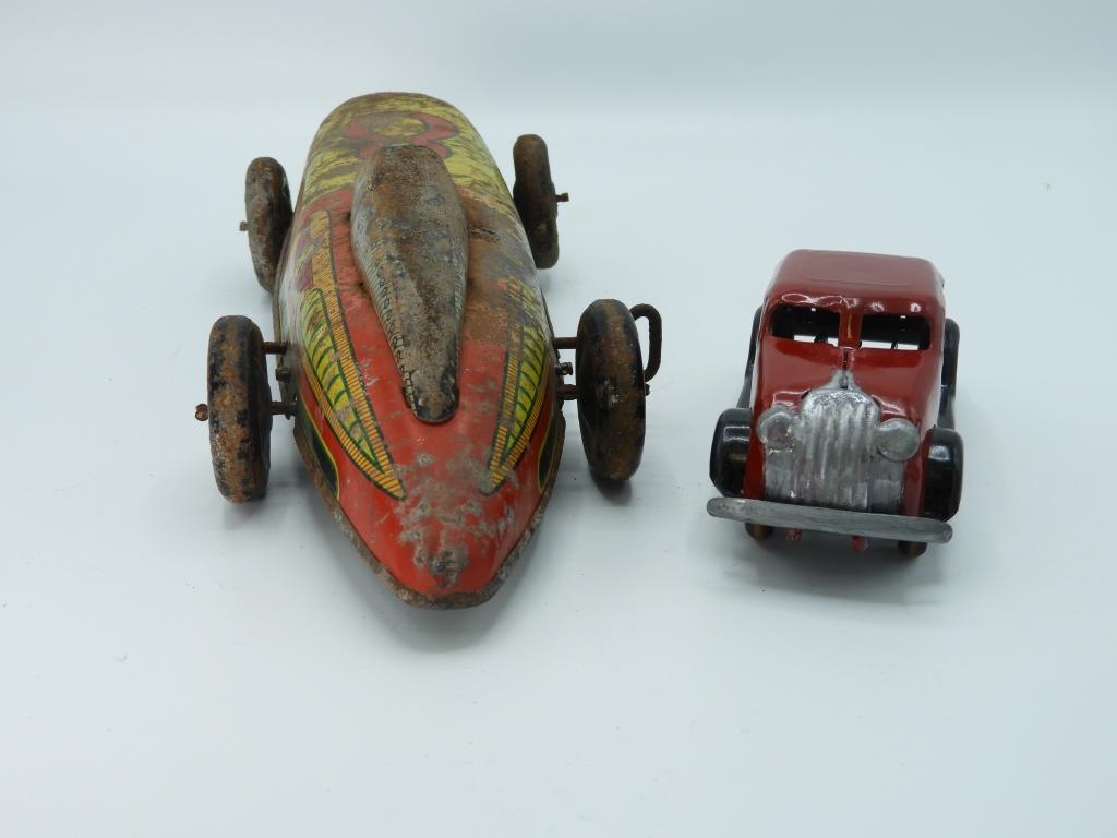 2 tin toys - 1 tin car, 6"Lx2"T, #8 race car 12"Lx