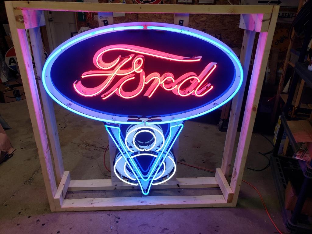 Ford V-8 tin neon sign with flasher, 48x48in 