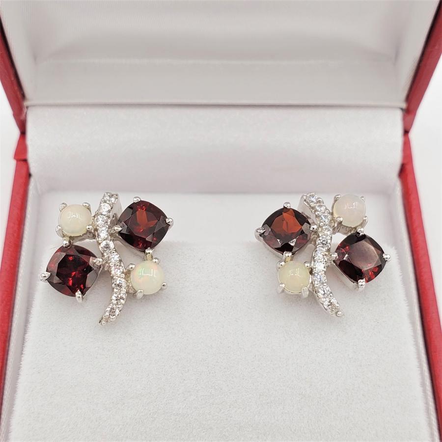 Sterling Silver Garnet, Opal & Cubic Zirconia Earrings - New!