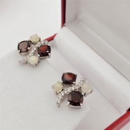 Sterling Silver Garnet, Opal & Cubic Zirconia Earrings - New!