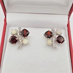 Sterling Silver Garnet, Opal & Cubic Zirconia Earrings - New!