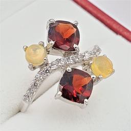 Sterling Silver Garnet, Opal & Cubic Zirconia Ring - New!