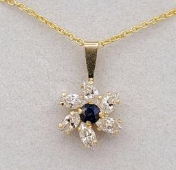 Yellow Gold Sapphire & Cubic Zirconia Pendant & Chain - New!