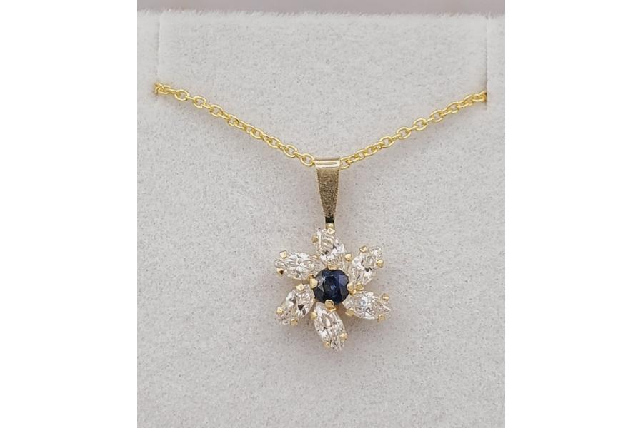 Blue Sapphire & CZ Pendant with Sterling Chain - New