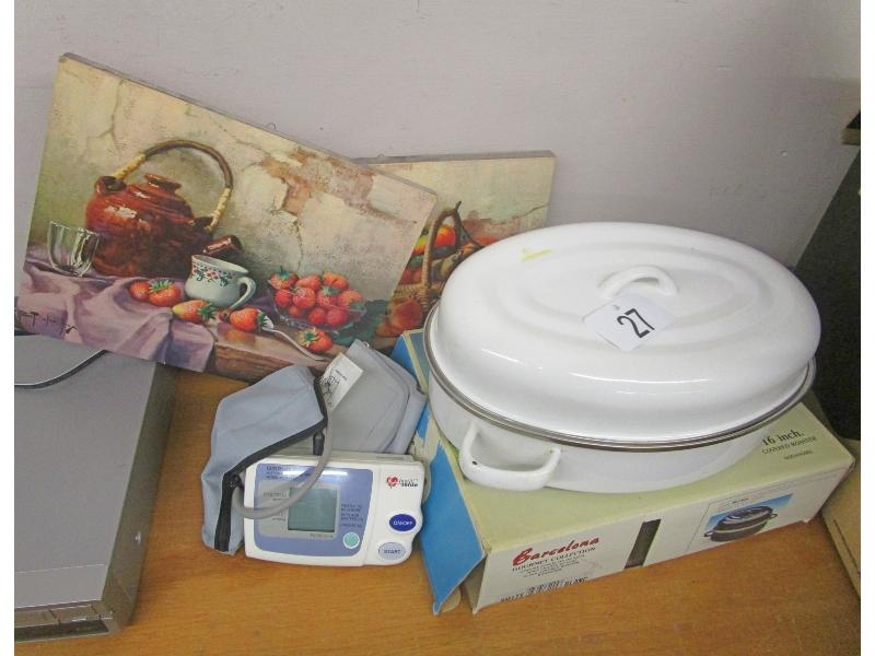 Blood Pressure Monitor, Roast Pan, Wall Hangers