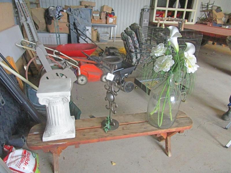 Wooden Bench, Plant Stands, Vase