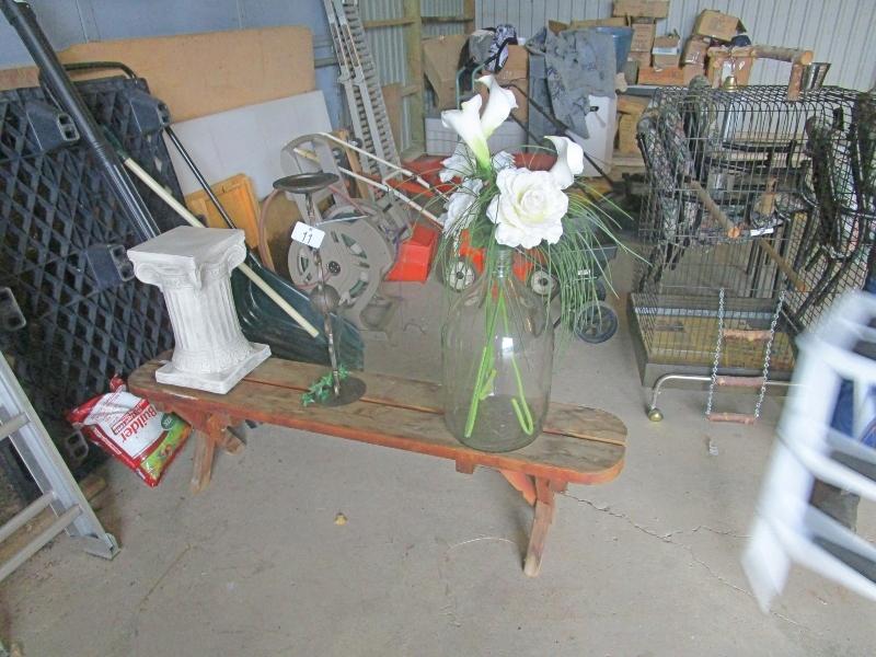 Wooden Bench, Plant Stands, Vase