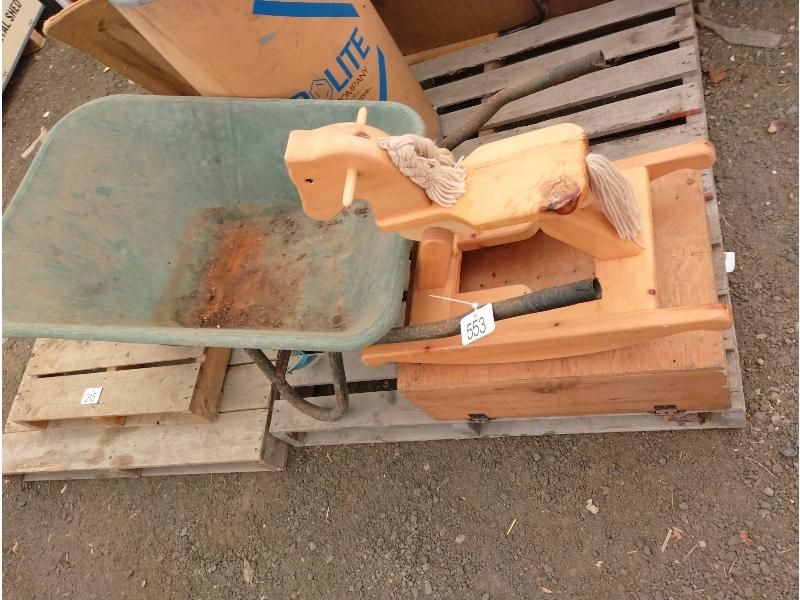 Rocking Horse, Wheelbarrow & Box