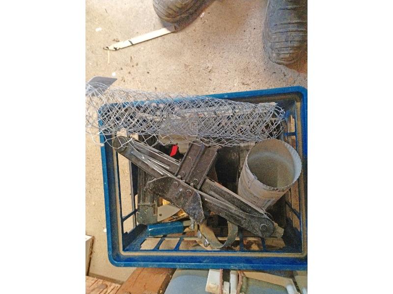 Tote & Contents Including Chicken Wire, Car Jack, Air Nailer, Etc.