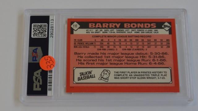 BASEBALL CARD - 1986 TOPPS TRADED #11T - BARRY BONDS - PSA GRADE 9 MINT
