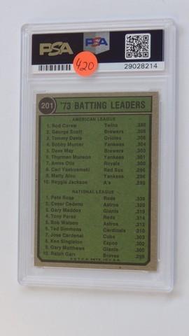 BASEBALL CARD - 1974 TOPPS #201 - BATTING LEADERS R. CAREW / P. ROSE - PSA GRADE 7 NM