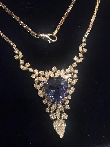 DESIGNER NECKLACE - WHITE GOLD SETTING (15.9 DWT) - 54 DIAMONDS (11.75 CT TW) - TANZANITE GEM (9 CT)