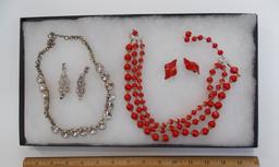 Necklace & Earring Lot w/ Clear Stones & Red Beads