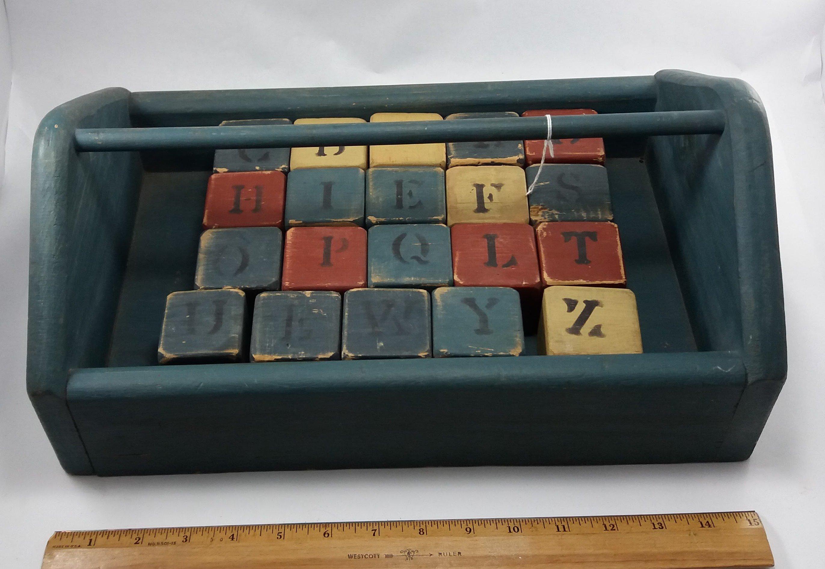 Lot of Vintage Wooden Block Toys in Wooden Carry Case