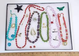 Necklace, Earring, & Brooch Lot w/ Colored Glass