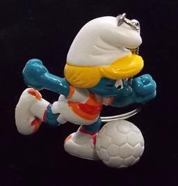 Vintage Soccer Smurfette PVC Figural Keychain