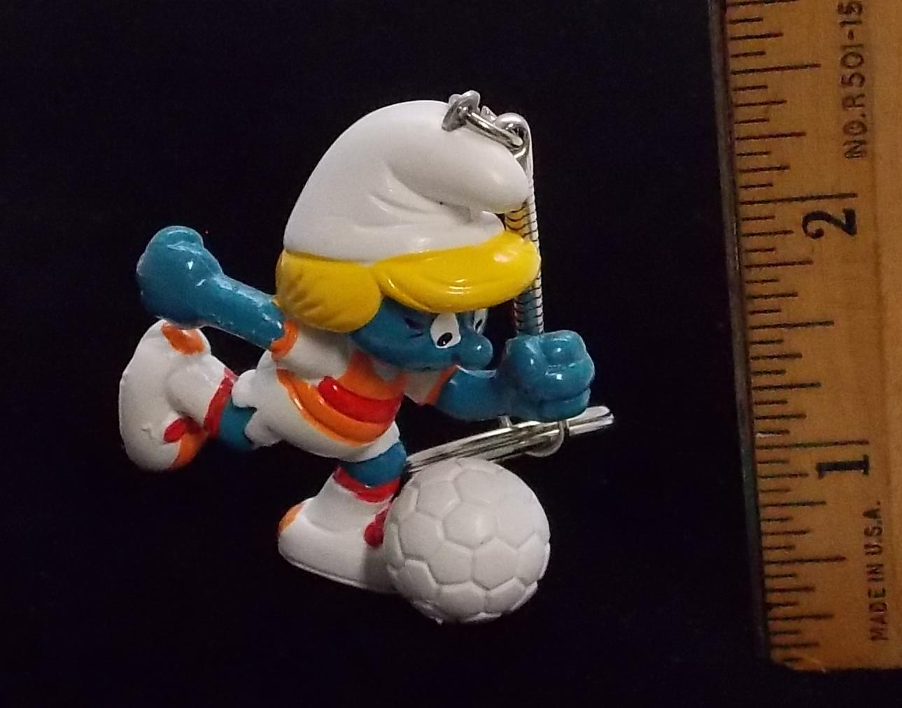 Vintage Soccer Smurfette PVC Figural Keychain