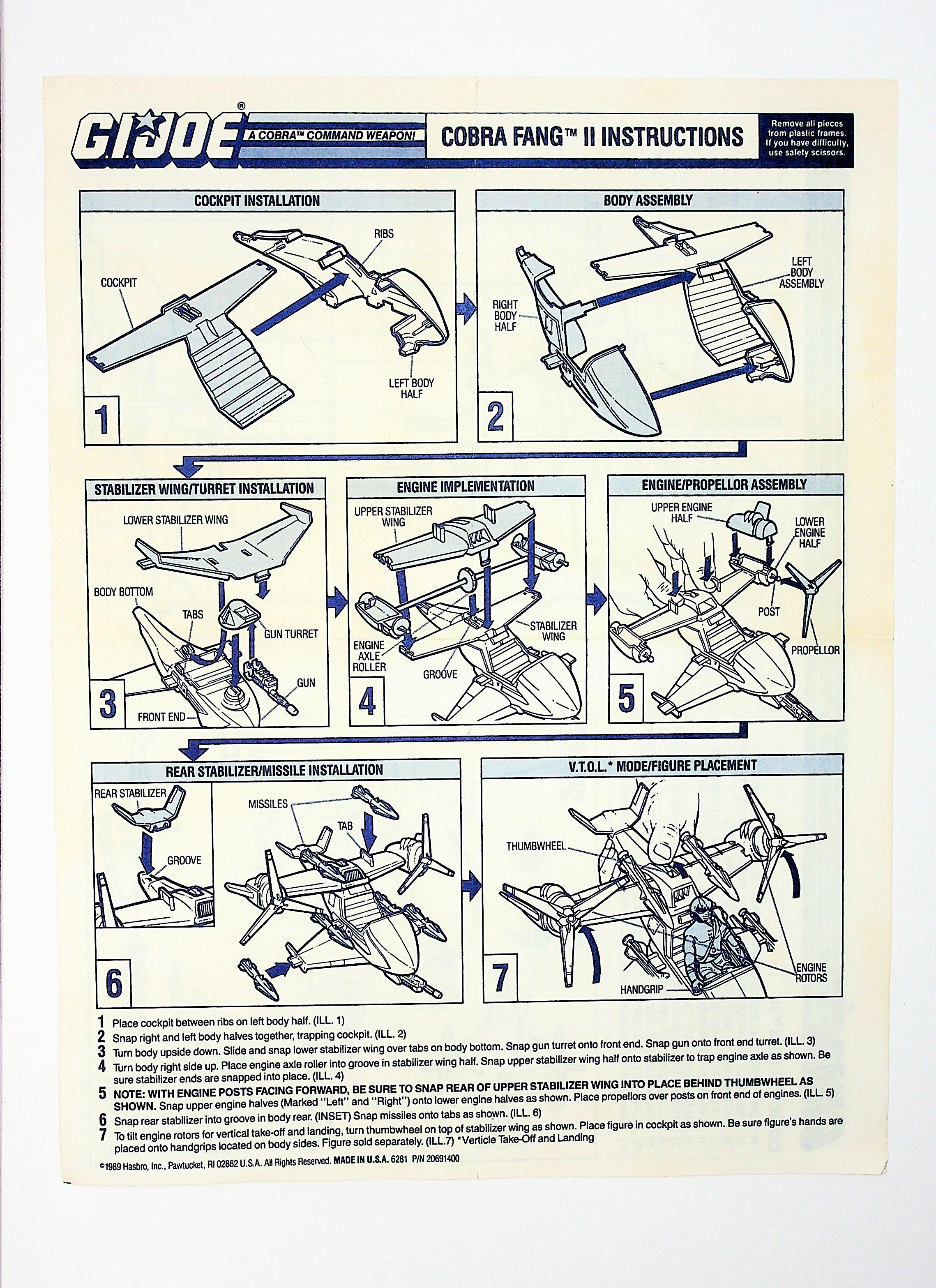 GI Joe Vintage Cobra Fang II Original Hasbro Vehicle Blueprints / Instructions Hasbro