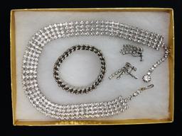 Necklace, Earring, & Bracelet Set w/ Clear Rhinestones