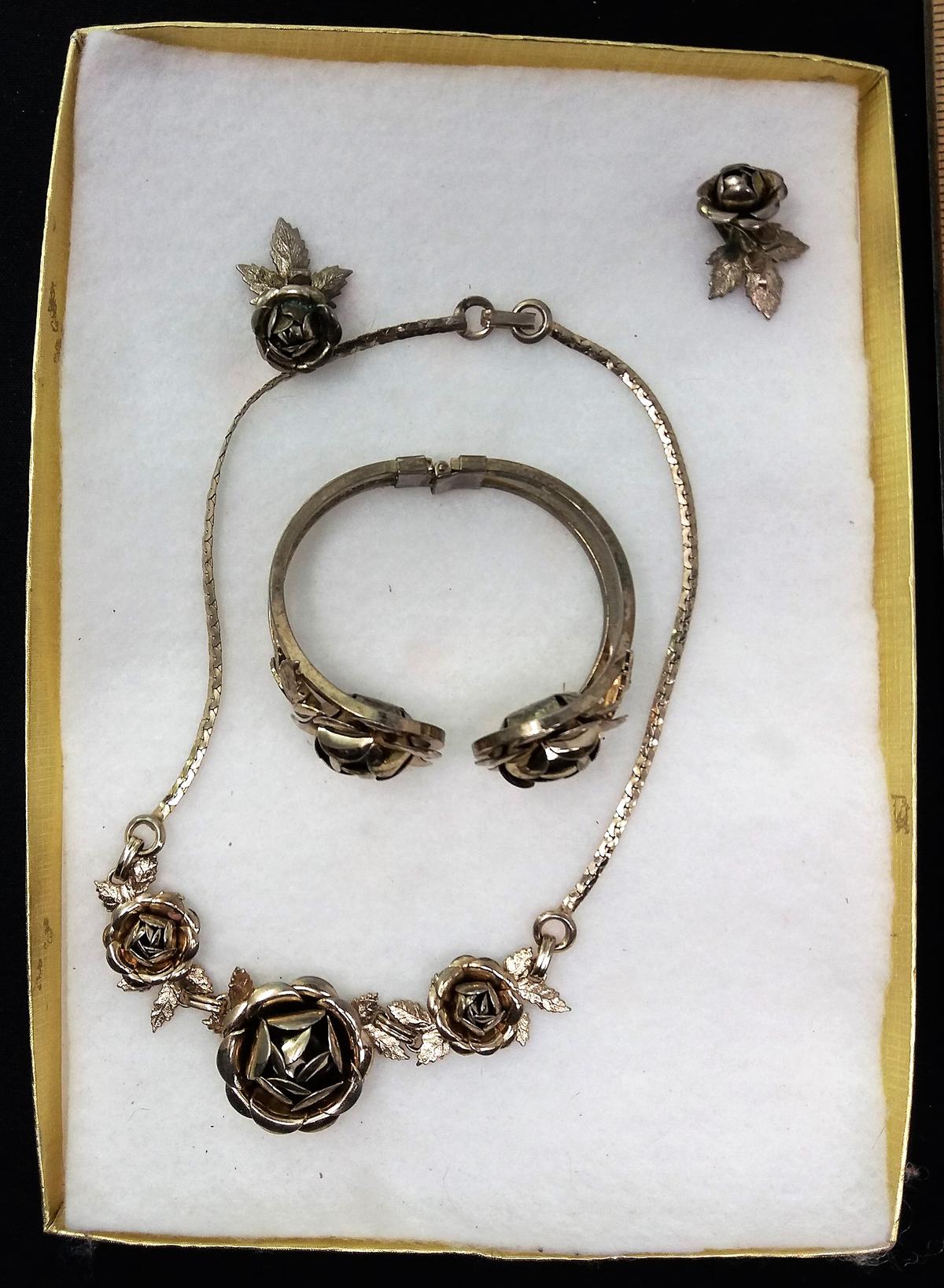 Rose-Themed Necklace, Earring, & Hinged Bracelet Costume Jewelry Set