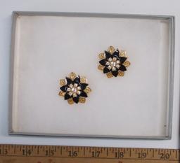 Flower Earrings w/ Clear Stones & Black Enameling