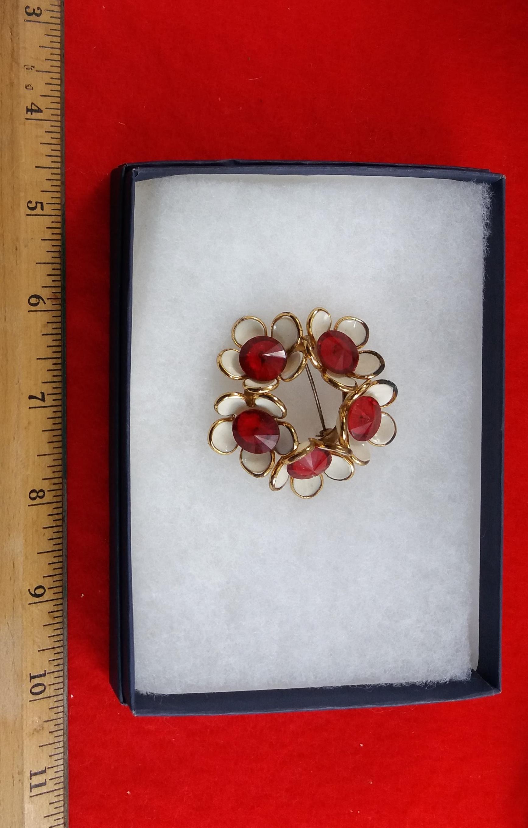 Flower Brooch w/ Red Stones.