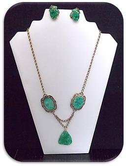 Necklace & Earring set w/ Flower Decorated Jade Stone