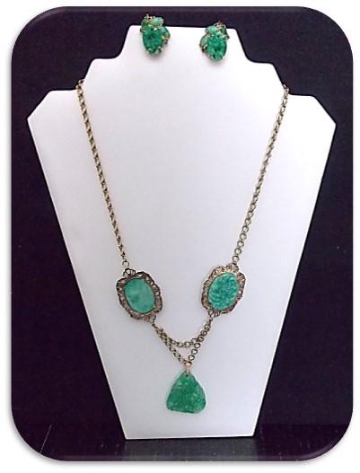 Necklace & Earring set w/ Flower Decorated Jade Stone