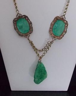 Necklace & Earring set w/ Flower Decorated Jade Stone