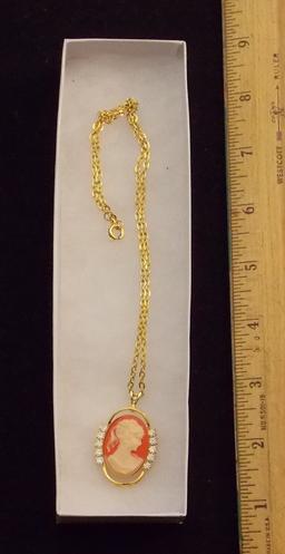 Vintage Necklace W/ Imported Cameo Pendant & Rhinestone