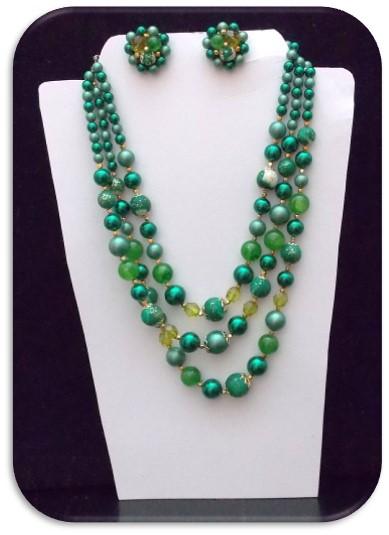 Necklace & Earring set w/ Celluloid Beads & Green Crystal