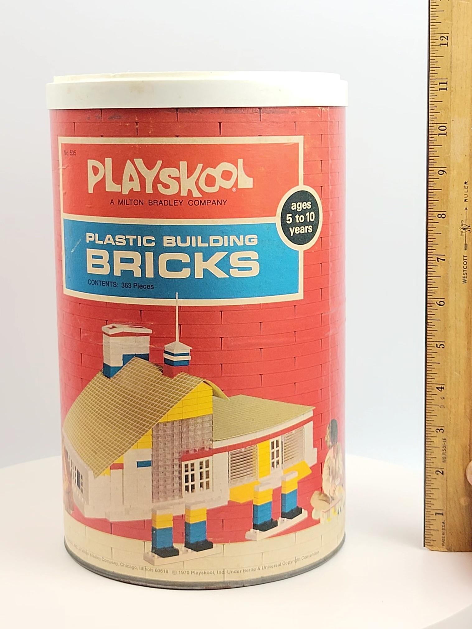 Vintage 1970 Playskool Plastic Building Bricks Set in Original Cannister