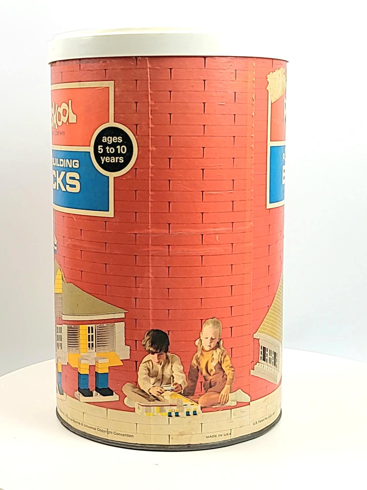 Vintage 1970 Playskool Plastic Building Bricks Set in Original Cannister