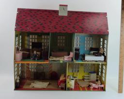 Vintage Playsteel Tin Litho 2 Story Colonial Toy Dollhouse Metal Toy House